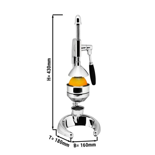 Manuelle Fruchtsaftpresse - Silber - O-Fuß - Mit Tropf-Auffangschale 1 Manuelle Fruchtsaftpresse - Silber - O-Fuß - Mit Tropf-Auffangschale